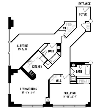 Floor plan for 2 beds, 2 baths, 1342 sqft